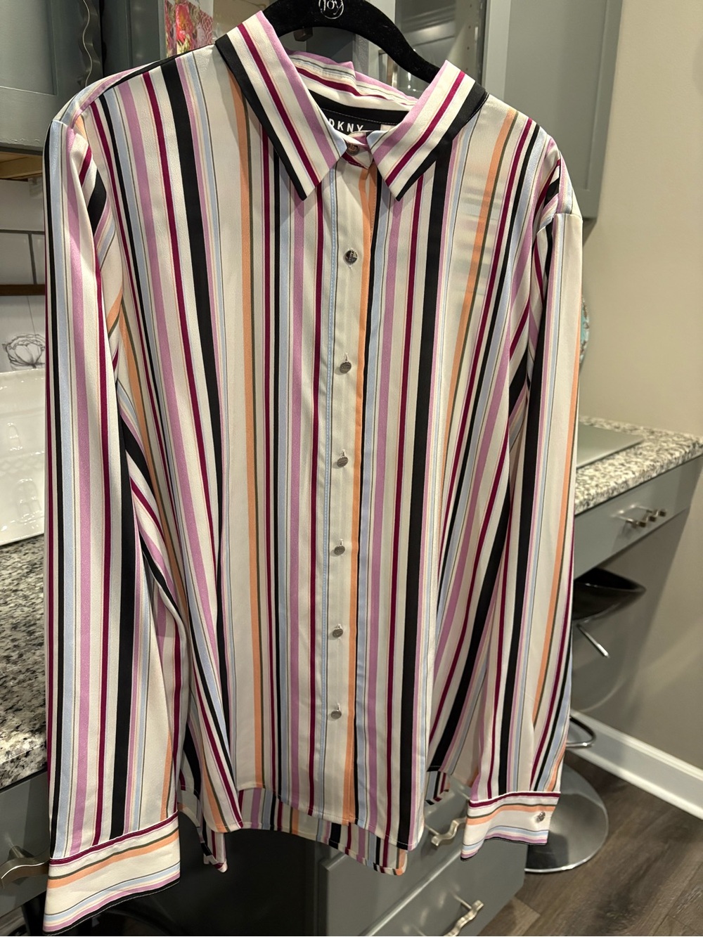 DKNY Women’s Multi-Stripe Button-Up Shirt - Pink/Black/White